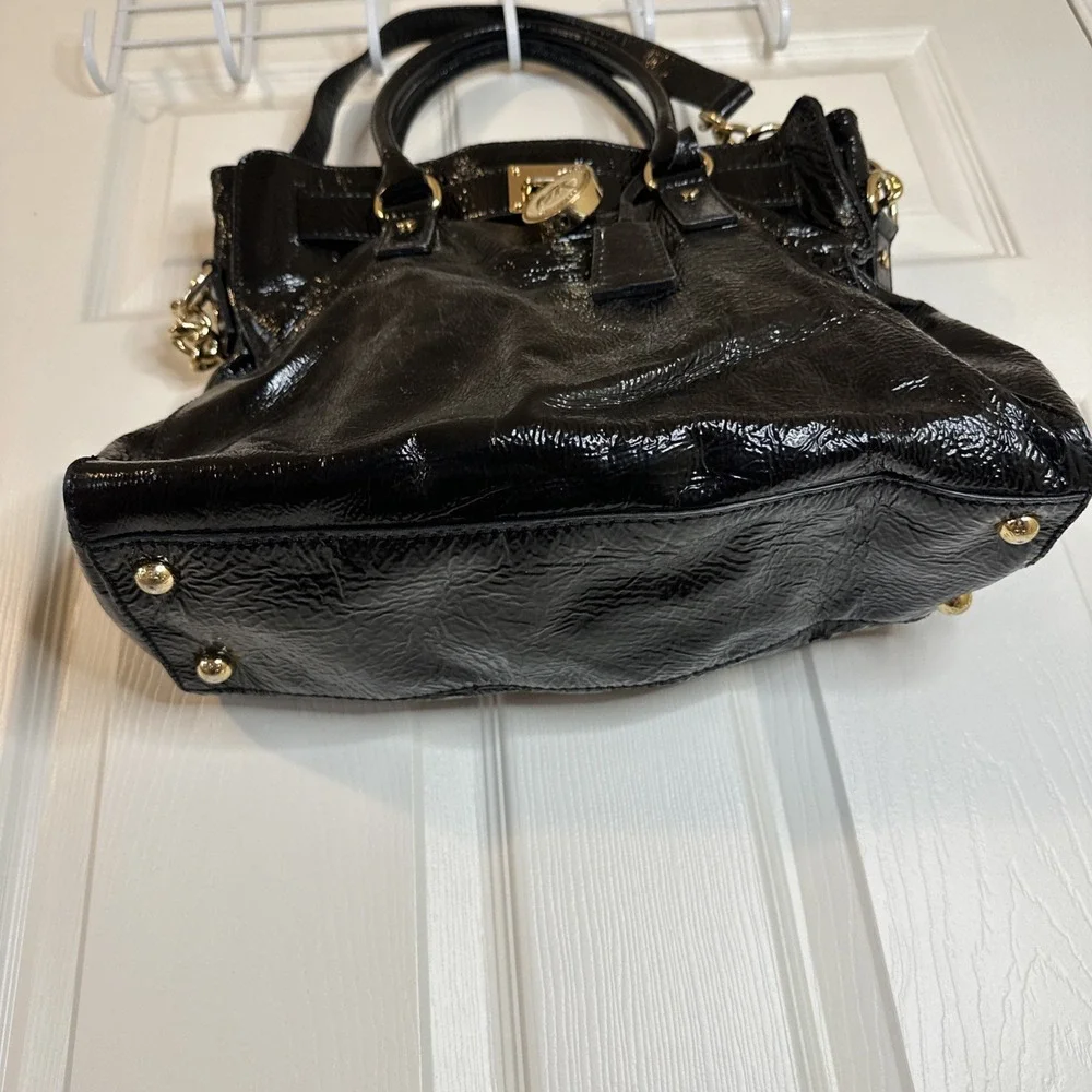 Michael Kors Black Large Satchel Top Handle Lock Chain Strap Gold Hardware